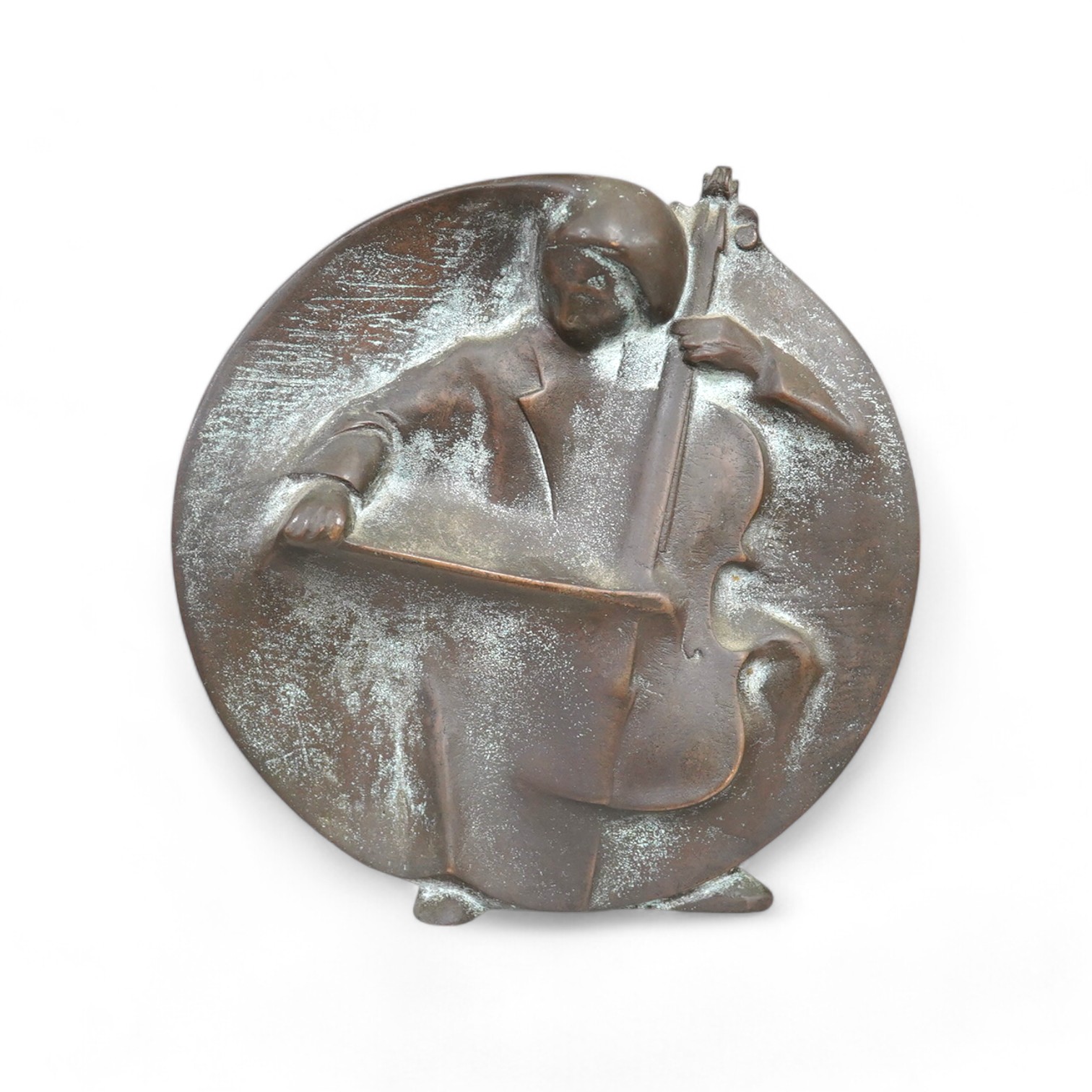 A Pieter Moerenhout circular bronze sculpture of a seated cellist, 14cm high. Condition - good